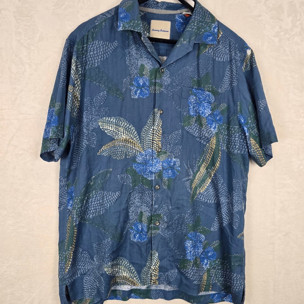 Tommy Bahama Mens Blue 100% Silk Tropical Floral Camp Shirt Size M Short Sleeve